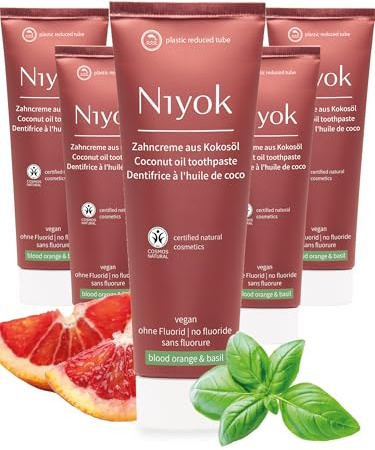 Niyok Zahncreme Blutorange & Basilikum 5 x 75 ml | Fluoridfreie Zahnpasta mit Bio-Kokosöl, Xylit und Kreide in drei natürlichen Geschmacksrichtungen für ein frisches Mundgefühl