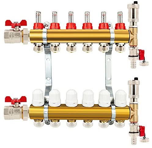 Messing Heizkreisverteiler 2-12 fach Fußbodenheizung Verteiler Heizkreise Entlüftungsset Kugelhahn Adapter PEX (6 Heizkreise)