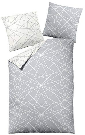 Dormisette Biber Bettwäsche 2tlg grau Silber 65101-08 | Bettwäsche-Set aus 100% Baumwolle | 2 teilige Wende 135x200 cm & Kissen 80x80 cm | Geometrisches Muster