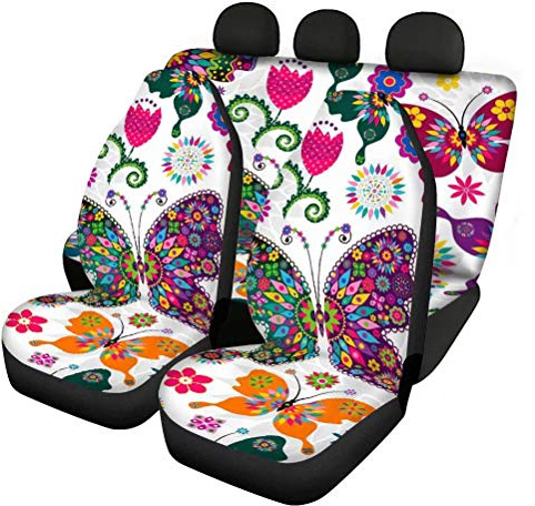 chaqlin Autositzbezüge, Motiv: Schmetterling und Blumen, komplettes Set, 4er-Set, Vorder- und geteilte Bankbezüge, Auto-Zubehör, Dekoration, universelle Passform für Autos, LKWs, Limousinen, SUVs