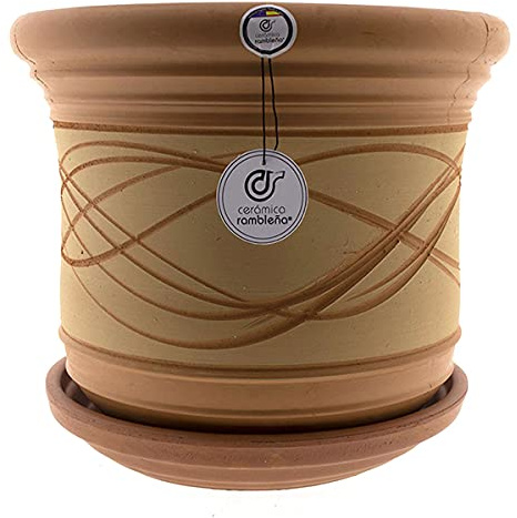 CERÁMICA RAMBLEÑA | Maceta Grande Exterior | Suelo Campana Baja Rústica Hilo - Modelo J31 | Plato Incluido | 33x33x30 cm