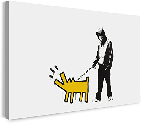 Printistico Leinwandbild (80x60cm): Banksy - Bellender Hund, Pop-Art Modern Street-Art, Kunstdruck Klein bis Groß XXL - Wohnzimmer, Schlafzimmer - Leinwand auf Keilrahmen gespannt