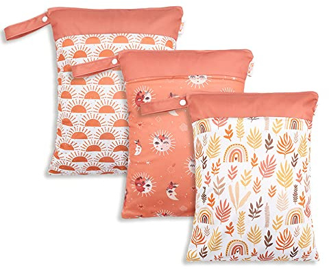 Treer 3 x Bolsa de Pañales Bebés Reutilizable Grande Impermeable Bolsa cone Cremallera para Mamá, Portátil Wetbag, Organizador de Colgar para Carro de Bebé, Neceser Viaje (Jardin Rosa,30x40cm)
