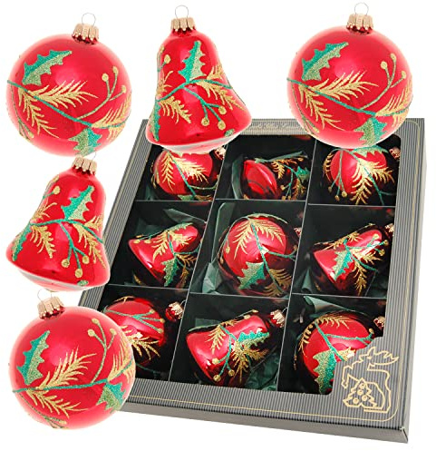 Krebs Glas Lauscha - Weihnachtsdekoration/Christbaumschmuck aus Glas - Weihnachtsanhänger - Motiv: Weihnachtszweig - 9 Stück - Größe: ca. 8 cm
