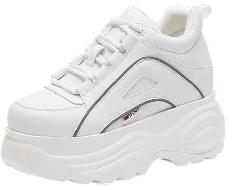 ANUFER Dam, hög plattform, chunky sneakers, ledig, snörning, sport, pappa skor, Vit svart kant, 38 EU