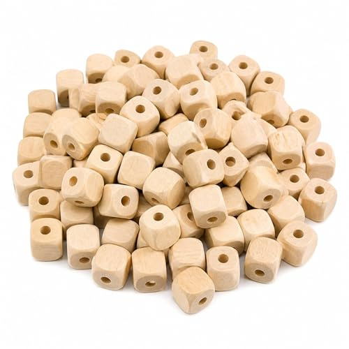 Perlin Holzperlen 10 mm Würfel 100 Stück Makramee Perlen mit großem Loch 4 mm Schmuckperlen zum Basteln für Armband Kette DIY Dekoration Natur unbehandelt