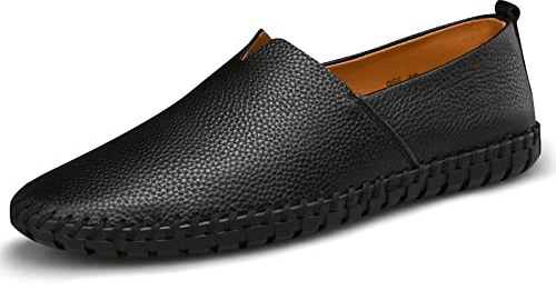 LUODENGLANG Men's Genuine Leather Loafer Shoes Slip On Soft Breathable Handmade Stitching Fashion Casual Shoes Lightweight Driving Dress Shoe Black 12 M48