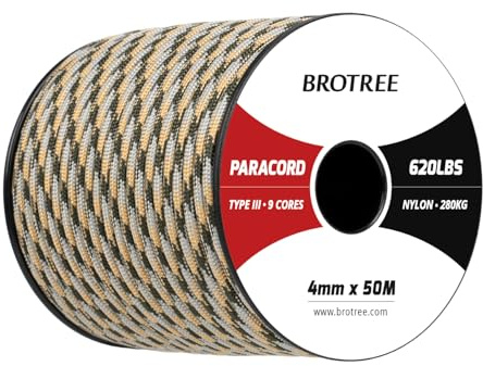Brotree Paracord 4mm 50M 9 Strands 100% Nylon Rope Type 3 Parachute Cord for Outdoor, Bracelet, DIY - 280kg Breaking Load (ACU (Army Combat Uniform))