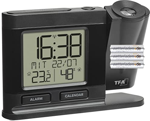 TFA Dostmann Projektionswecker Funk, 60.5017.01, Digitale Funkuhr, mit Netzteil, inkl Thermo-Hygrometer, dimmbar, Schlafzimmeruhr, schwarz, (L) 149 x (B) 38 x (H) 104 mm, schwarz mit Batterien