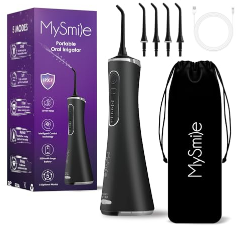 MySmile Water Dental Flosser for Teeth Cordless Oral Irrigator 5 Cleaning Modes 4 Replaceable Jet Tips IPX 7 Waterproof USB Rechargeable Water Dental Picks for Teeth Cleaning with PU Bag Black