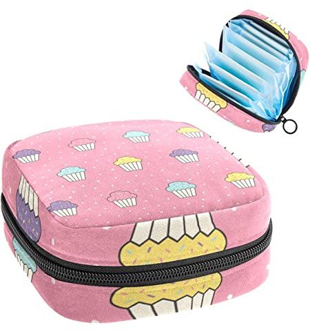 Cupcake-Muster, Pink, Hintergrund, tragbar, Tampon-Aufbewahrungstasche für Damenbinden, Mehrfarbig, 4.7x6.6x6.6 in/12x17x17 cm