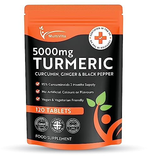 Turmeric Tablets 5000mg with Black Pepper & Ginger - 120 High Strength Curcumin Supplements - Turmeric and Black Pepper Tablets (Not Turmeric Capsules or Powder) Vegan & Gluten Free