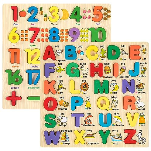 Alphabet Puzzle Holzpuzzle Spielzeug für Kinder, 2PCS ABC Buchstaben Zahlen Gestalten Klobige Holz Puzzle Blöcke, Brettspiel Lernspielzeug Geschenk für Kleinkinder und Vorschulkinder für 3 4 5 Jahre