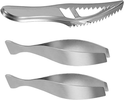 Kitchen Tongs， Serving Tongs，Frying Tongs，Fish Scaler 3pcs/Set Stainless Steel Fish Bone Tweezers Remover Tongs Plucking Clamp Scale Scrapers for Fish Cleaning Tools (Color : Silver)