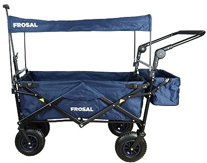 FROSAL Bollerwagen Nick PRO faltbar mit Bremse Dach blau klappbar | Schiebegriff | Luftreifen | Lufträder Ideal für Strand Wald & Feldwege