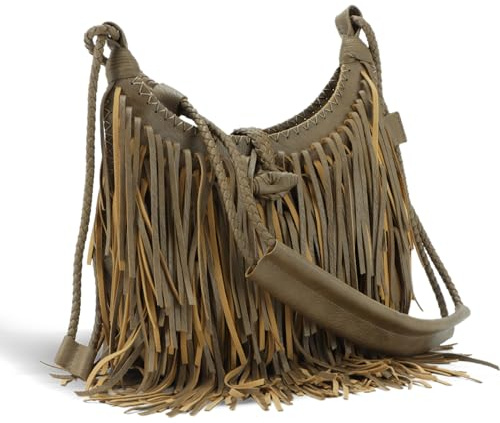 Emprier Vintage Fringe Hobo Taschen für Frauen Vegan Kunstleder Quaste Crossbody Tasche Fransen Geldbörse, Khaki