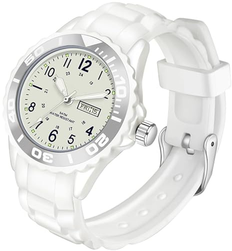 findtime wasserdichte Damen Uhr für Frauen Mädchen Studenten Candy Farbe Silikonband 24 Stunden mit Sekundenzeiger Farbiges Arabische Ziffern Analog Weiß Quarzuhr mit Datum Woche