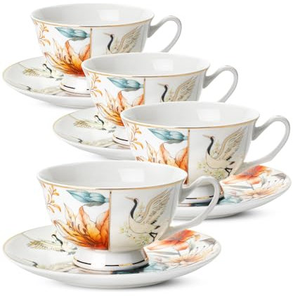 Brew To A Tea Porzellan-Teetassen mit Blumenmuster, 237 ml, Tassen- und Untertassen-Sets, 4 Stück