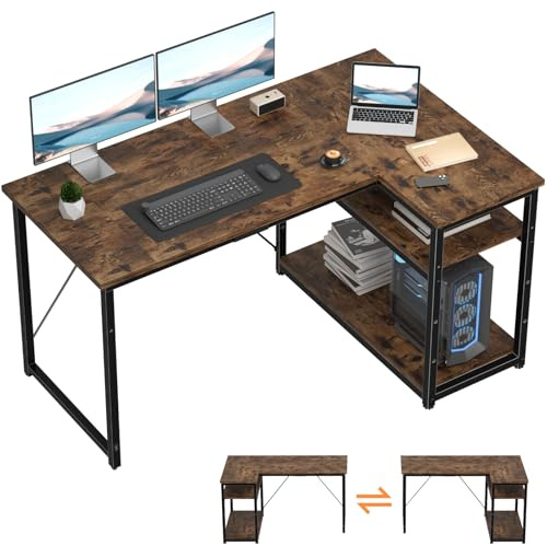 TRIUMPHKEY Bureau d'angle L 140x80x75cm avec 3 Etagères Réversible, Marron | Structure en Acier Robuste, 3 Étagères de Rangement Intégrées, Surface Anti-Rayures, Idéal pour PC Gamer & Études