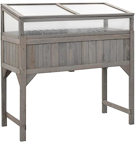 Hovothy Hochbeet mit Gewächshaus Kräuterbeet Blumenkasten Frühbeet für Garten Hochbeet aus Holz Anzuchtbeet Raised Bed Gemüsebeet Pflanzenbeet Grau 110x54x120 cm Massives Tannenholz