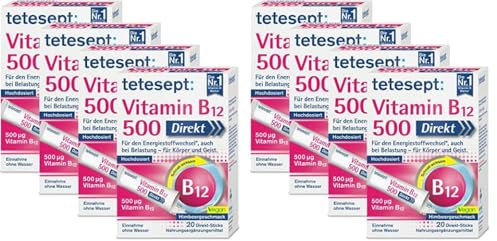tetesept Vitamin B12 500 Direkt – Nahrungsergänzungsmittel für den Energiestoffwechsel*, auch bei Belastung – Vitamin B12 Pulver hochdosiert zur Einnahme ohne Wasser – 4 x 20 Direkt-Sticks