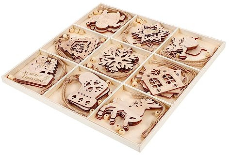 VILLCASE 2 Sätze Weihnachtsholzspäne Weihnachtsbaumschmuck Weihnachtsverzierungsausschnitte weihnachtsbaumdeko tannenbaum dekoration Bastelbedarf aus Holz selber machen Baumwollfaden Yellow