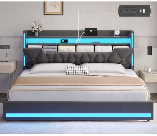 BYSAUD King Size Bed Frame with LED Lights & Charging Station, LED King Bed with Hidden Space and 2-Tier Shelves, Upholstered Metal Bed Frame with Headboard, No Box Spring Needed, Dark Gray, Linen