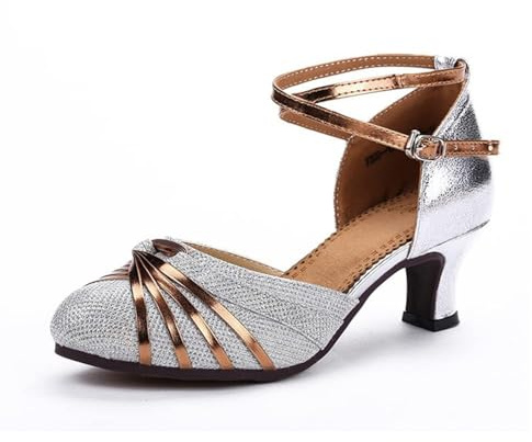 Damen Tanzschuhe Standard Latein Fersen Geschlossene Zehen Gummi Sohle(Silber 3.5cm.39 EU Normal)