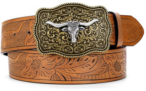 SUOSDEY Western cowboy läderbälten för män kvinnor Texas långhorn tjurspänne blommig graverat präglat läderbälte för jeans, Brun (guldspänne), Fit waist size 31-34