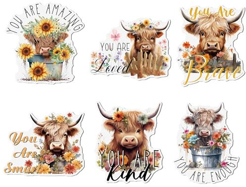 Inspirational Quotes Fridge Magnets Decorations, 6PCS Cute Highland Cow Flowers Motivational Quotes Design Refrigerator Magnets, Magnetic Stickers for Locker Whiteboard Decor