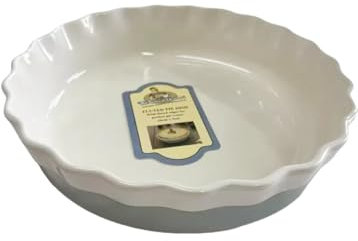 Vintage Gourmet Classic Stoneware Glazed Round Deep Ceramic Pie Dish, White Fluted Edges for Making Perfect Pies Serve Oven to Table 20cm or 26cm Diameter by 5cm Depth Oven-Safe up to 250°C (26 cm)