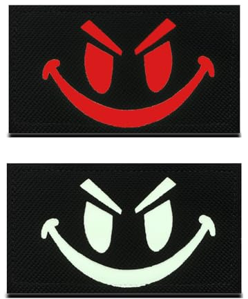 2 Stück Taktischer Schwarz Rot Reflektierend Lächelndes Gesicht Fun Patch Abzeichen Bestickt,Emblem zum Hook and Loop auf Applikationen Kleidung,Jeans,Jacken,Hosen,Mützen,Rucksack,Uniform.