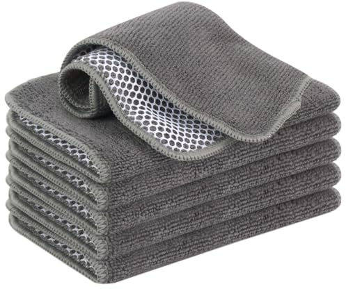 VIVOTE Stracci di pulizia in microfibra Lavabili con bordo di spugna in poliestere e rete, stracci per la cucina, panni per la casa, 6 pezzi, 20x20 cm (Grigio)