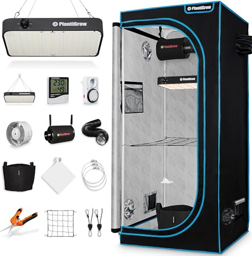 PlantiGrow Growzelt Komplettset – Indoor Gewächshaus mit 150W Vollspektrum LED Lampe (Dimmbar), 1680D, Carbon-Filter, Inline-Kanalventilator, Abluftschlauch (120x60x180cm)