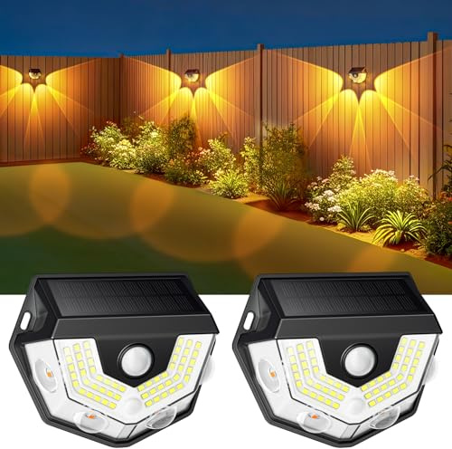 Goffii Solarlampen für Außen mit Bewegungsmelder, 2 Stück Super Helle Solar Wandleuchte Aussen Garten 3 Modi IP65 Wasserdicht Solarleuchten Außen für Garten Zaun Hof Wand, Warmes und Weißes Licht