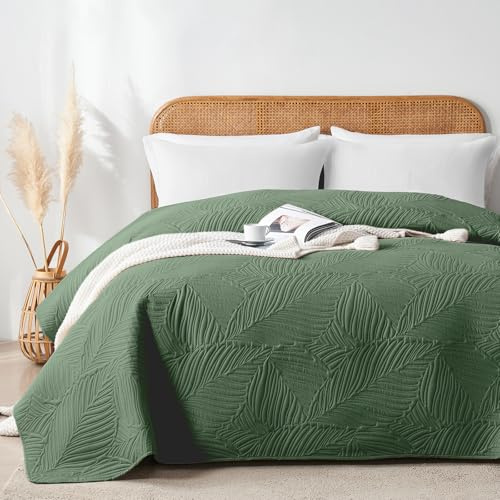 VIVA FINO Tagesdecke 170x210 cm,Grün Ultrasonic Steppdecke,Leicht,Weich und Pflegeleicht,Doppelseitig,Bettüberwurf mit Blattmuster,Ideal für alle Jahreszeiten,Für Bett und Sofa