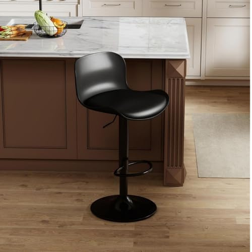 Flysky Taburete de Bar, Silla giratoria 360°, Regulable en Altura, Taburete de Bar con Respaldo y reposapiés, Taburete de Cocina imitación Cuero 120kg, Negro
