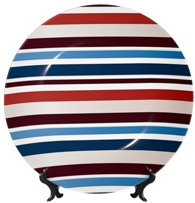 HJTRW Assiette décorative en porcelaine anglaise avec support de présentation - Ornement en céramique - Rayures rouges, bleues, blanches et grises - Assiettes rondes à suspendre au mur - 25,4 cm
