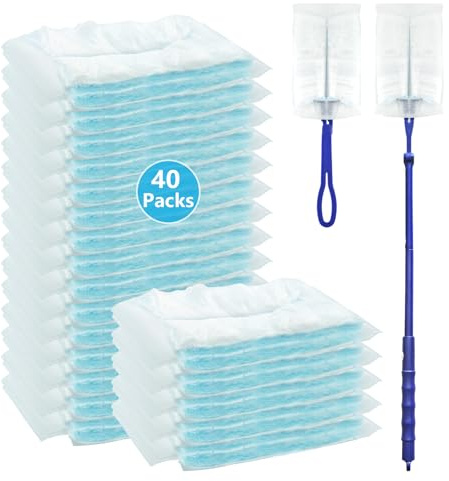 MSLHUB 40 Stück Staubmagnet für Swiffer Staubmagnet Nachfüllpack, Staubwedel Nachfüllpack mit 2 Handgriff für Swiffer Duster, Staubtücher Einweg Antistatisch zum Reinigen von Tierhaare Staub Schmutz