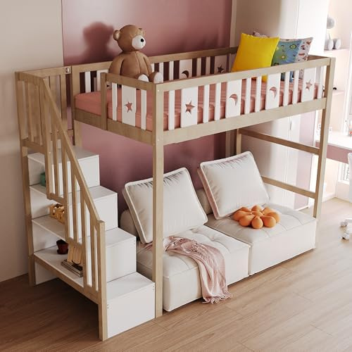 Merax Kinder-Etagenbett 90x200 cm, mit Treppe, Stauraum und hoher Brüstung, Sternen- und Mond-Dekor, Holzfarbe & Weiß (ohne Matratze)