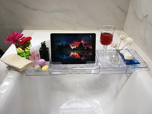 Adjustable Bath Tub Tray - Large Capacity Transparent Modern Bathroom Tray - Bath Tray Easy Clean, Sturdy Durability - Bathtub Mat Fits Most Bathtub Sizes