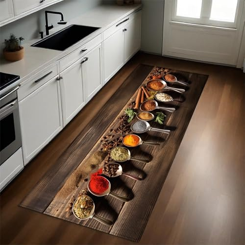 Brown Küchenläufer 60 x 180 cm Gewürze und Chilipulver rutschfest Waschbar Küchenteppich Pflegeleicht Teppich Läufer für Küche Flur Eingangsbereich Esszimmer