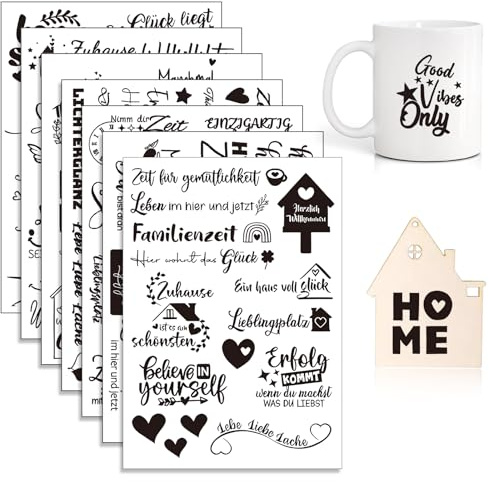7 Stück Rub On Sticker Kerzentattoos Aufkleber HOME Transferaufkleber | Sprüche Rub On Folie 14,5x10,5cm, für Glas, Möbel, Holz, Fotoalbum, Kerzen, Keramik, DIY Deko
