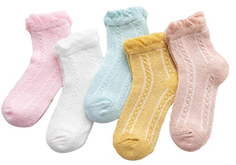 Chausson Bebe Garcon Lot de 5 paires de chaussettes d'été en coton pour bébé Motif dessin animé fin respirant Couleur unie, Rose, 5-8 ans