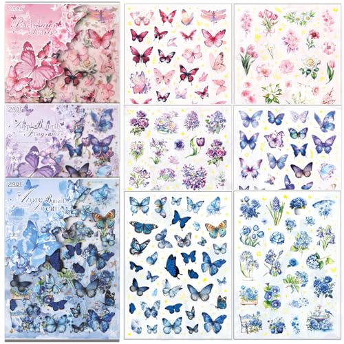 FOSDICK 6 Blätter Sticker Blumen und Schmetterlinge, Bunte Sticker Aesthetic, Scrapbook Stickers, Aufkleber Blumen und Schmetterling Deko Frühling Journaling Zubehör für DIY Scrapbooking Fotoalbum