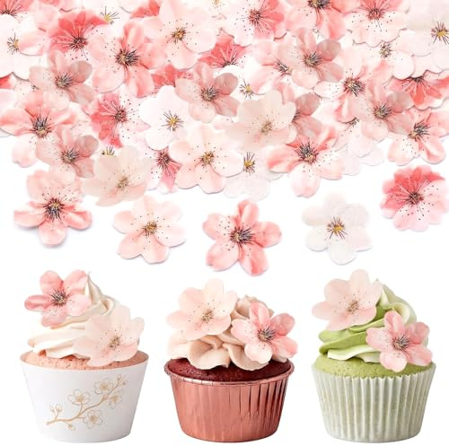 50 Pcs Edible Cherry Blossoms Cupcake Toppers, Edible Cherry Flowers Wafer Paper Cupcake Cake Dessert Toppers for Wedding, Baby Shower, Birthday Party Decorations