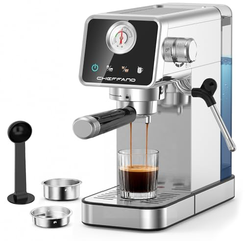 CHEFFANO Espressomaschine 1350W mit 20 Bar Pumpe – Touchscreen, leistungsstarker Dampfstab, 1.1L abnehmbarer Wassertank, Edelstahlgehäuse & Tassenaufwärmfunktion