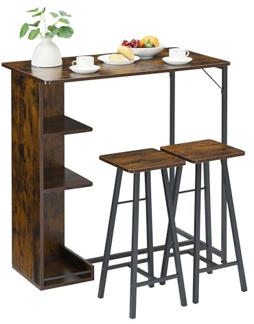 GarveeMore 3-Teiliges Bartisch Set, Essgruppe Mit 2 Hockern & 3 Ablagen, Küche Bar Table Tisch Hochtisch Mit Stauraum, Küchentisch Mit 2 Stühlen Barhocker, Bistrotisch Für Küchen Wohnzimmer, Braun