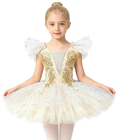 Aislor Balettkjol för barn, flicka, prinsessa, dansklänning, balett, tyll, tutu, dansklänning, balettdräkt, balett, bodyklänning, träningsklänning, scen, GUL, 110-116