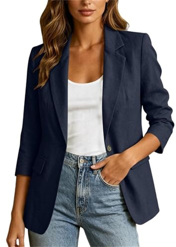 Ladies Summer Blazer - 3/4 Sleeve Collared Neck Button Front Jacket UK Business Casual Suit Coat Outerwear with Pockets Lightweight Work Blazers Smart Blouse Office Autumn Daily Jackets